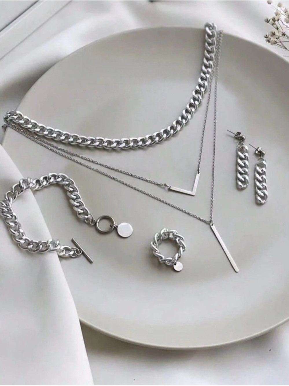 Sterling Silver Chain Jewelry Set - Layered Necklace, Bracelet, Ring & Earrings